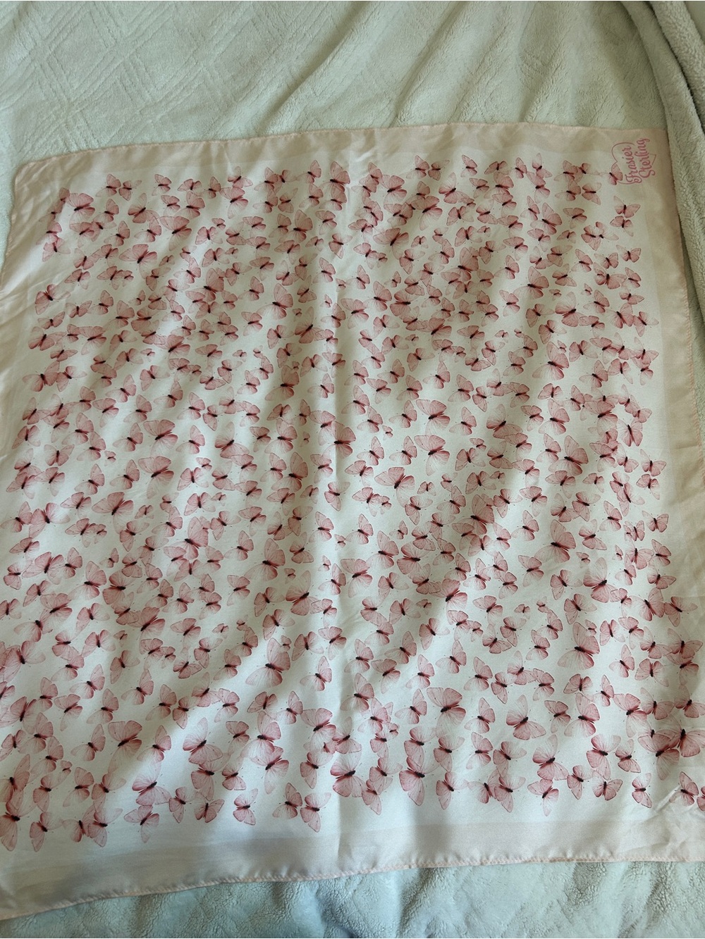 Frasier Sterling. Pink Butterfly Print Square silk Scarf OS